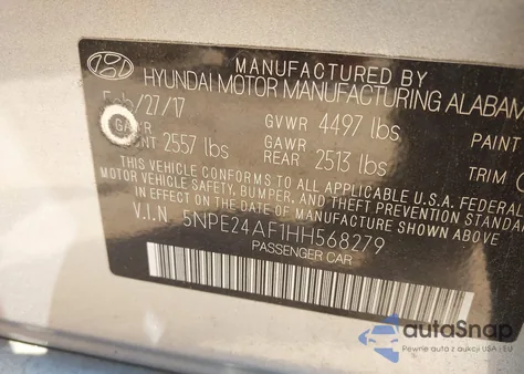 2017 Hyundai Sonata Se z USA, uszkodzony, nr VIN 5NPE24AF1HH568279